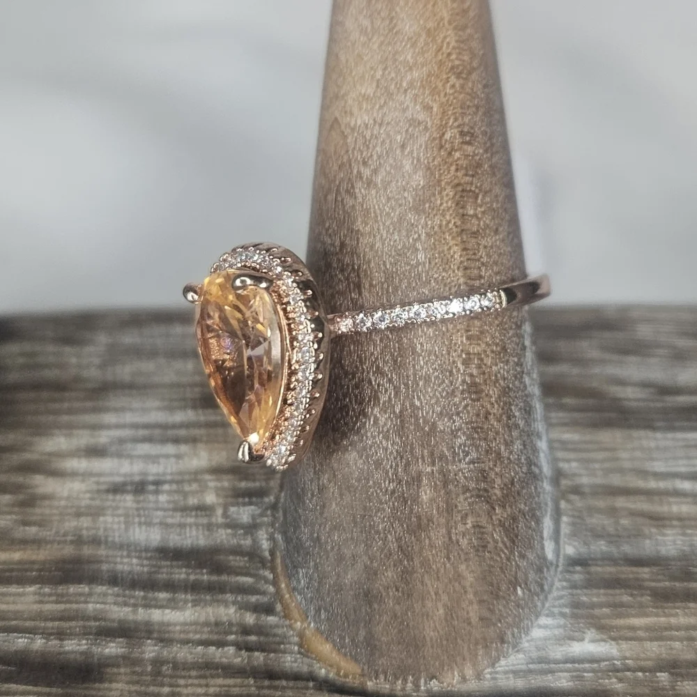 NWOT Rose Gold Teardrop Pear Peach Pink CZ Halo Ring Size 8 Stamped 925
